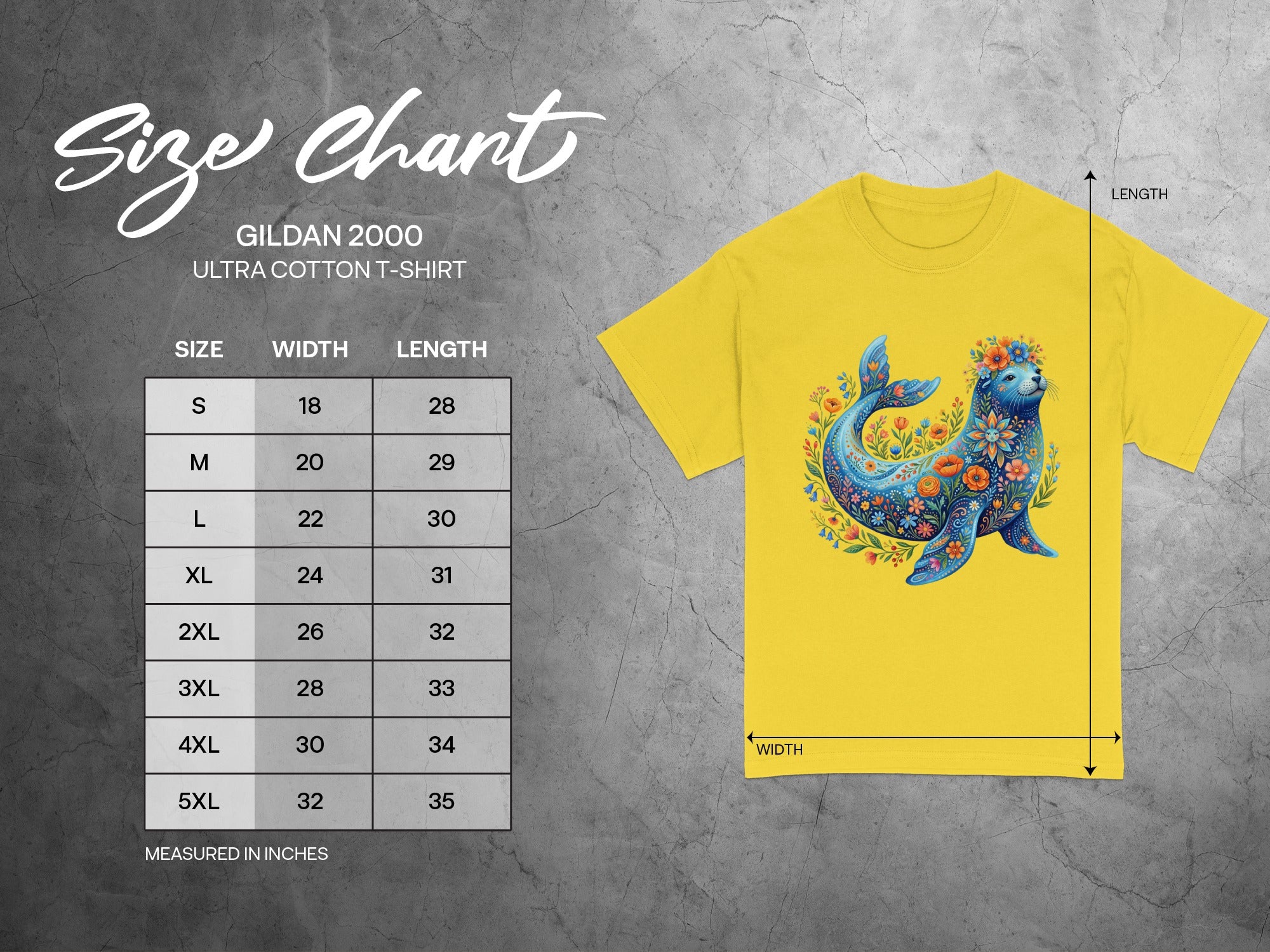 Gildan 2000 Ultra Cotton t-shirt size chart with chest print of a floral sea creature.