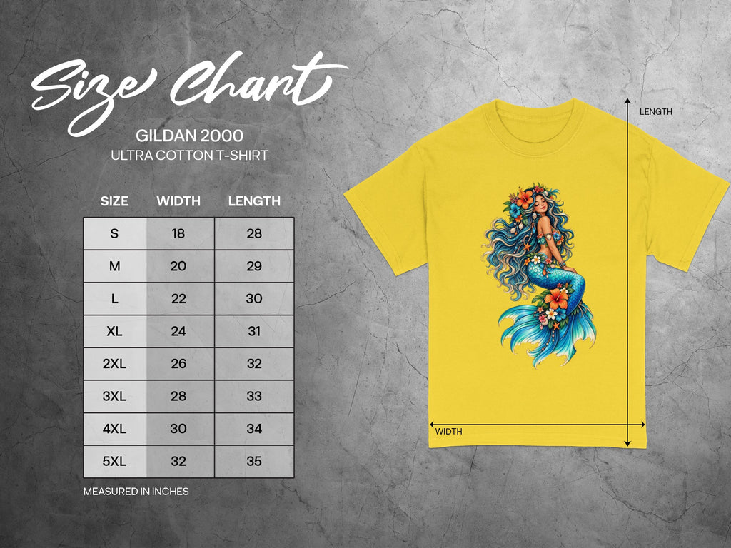 Gildan 2000 t-shirt size chart with measurements in inches.
