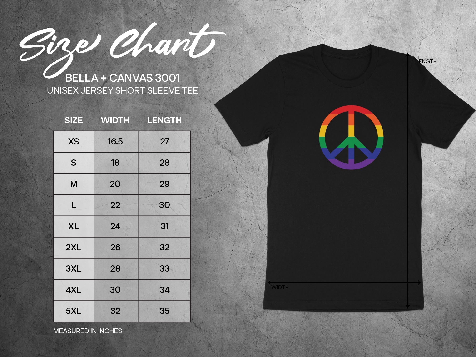 Bella + Canvas 3001 unisex t-shirt size chart with rainbow peace sign graphic.
