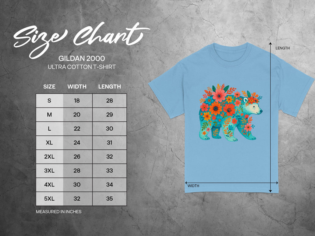 Gildan 2000 Ultra Cotton t-shirt size chart with floral bear graphic.