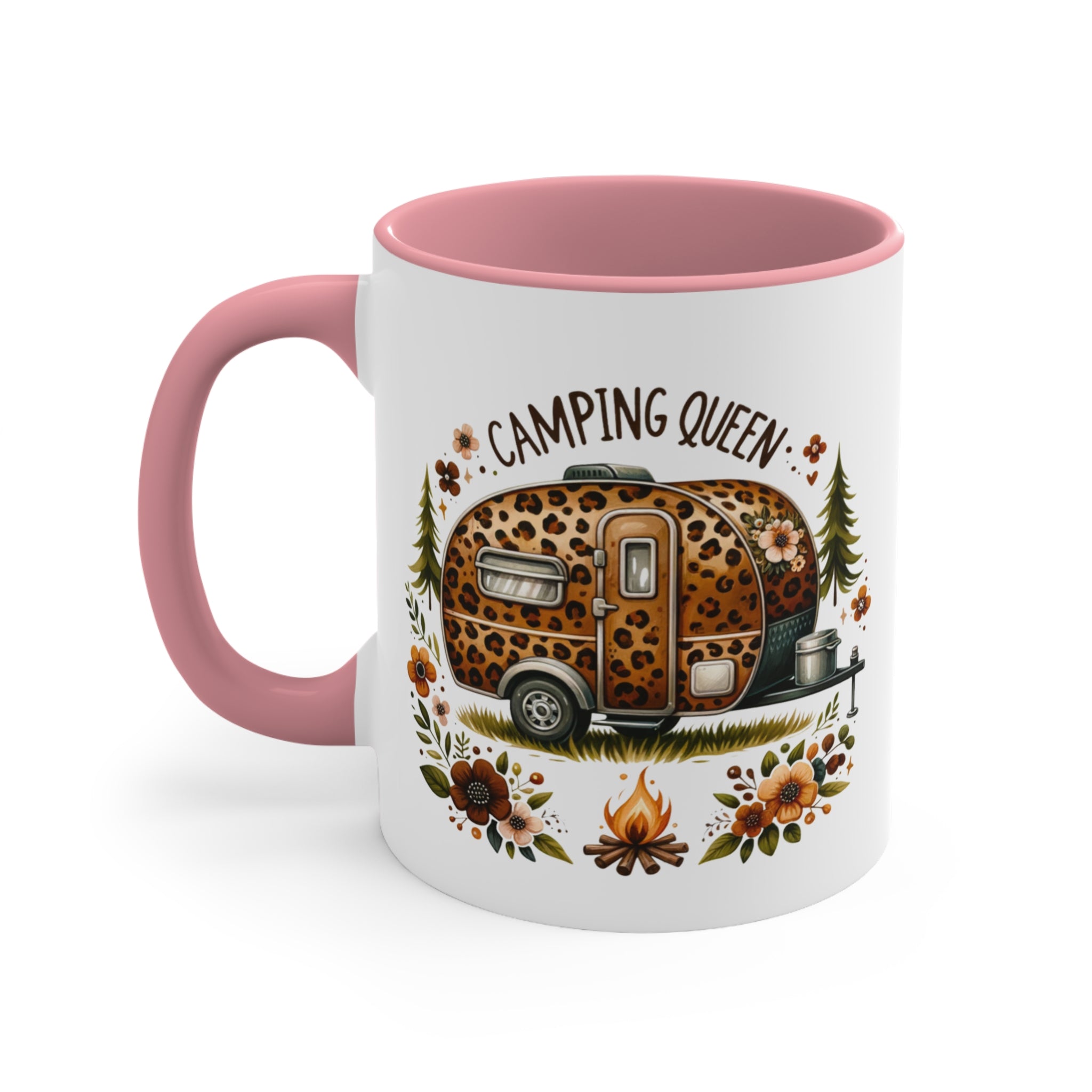 White mug with pink handle featuring a leopard print camper and "CAMPING QUEEN" text.