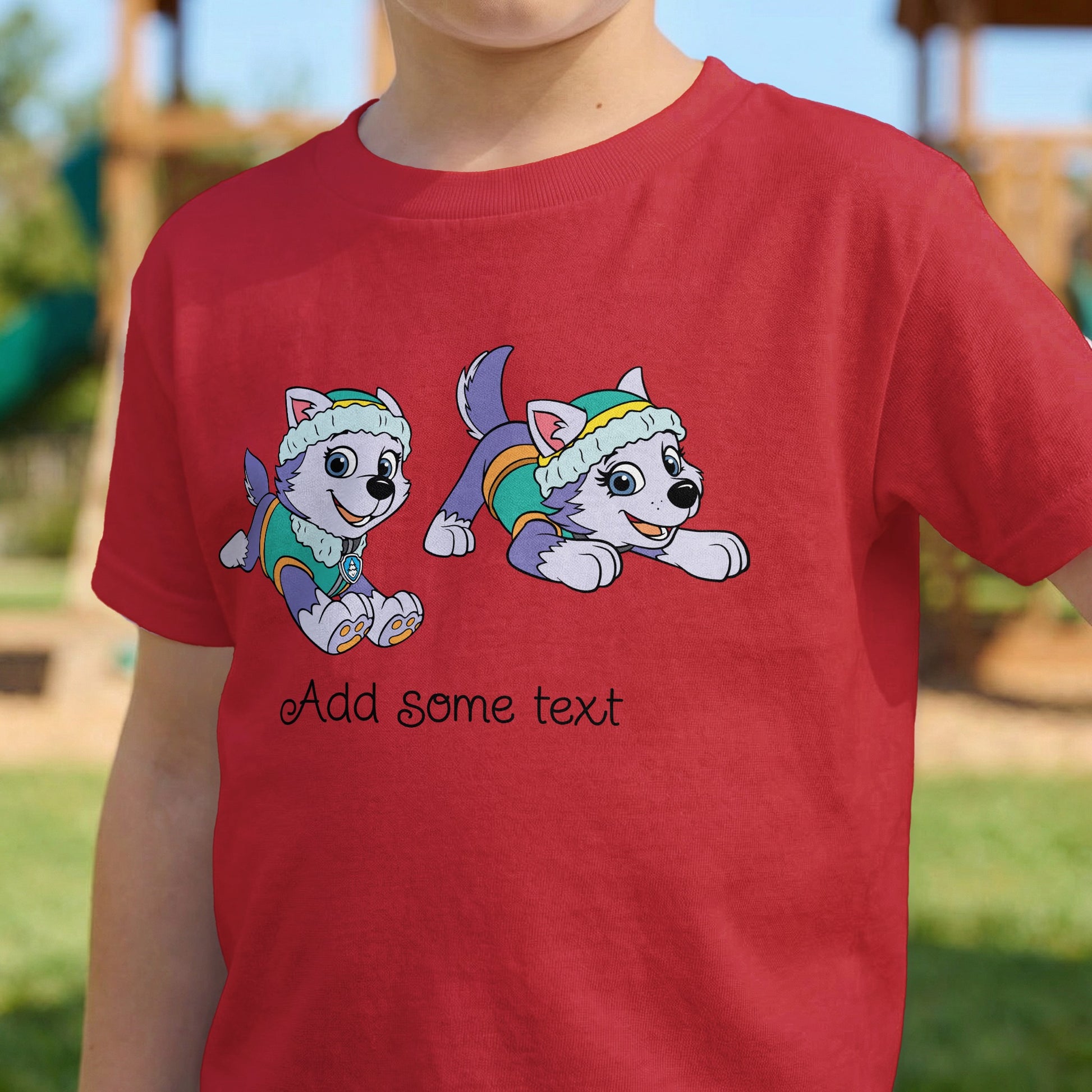 Red t-shirt with two cartoon puppies and the text "Add some text".