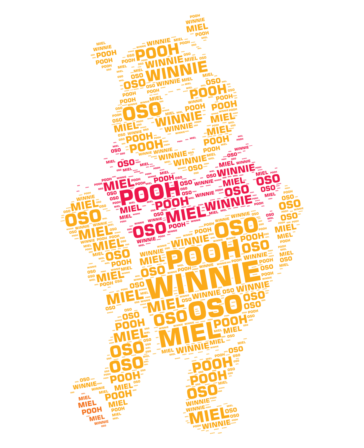 Winnie the Pooh word cloud art with "Pooh", "Winnie", "Miel" and "Oso" text.