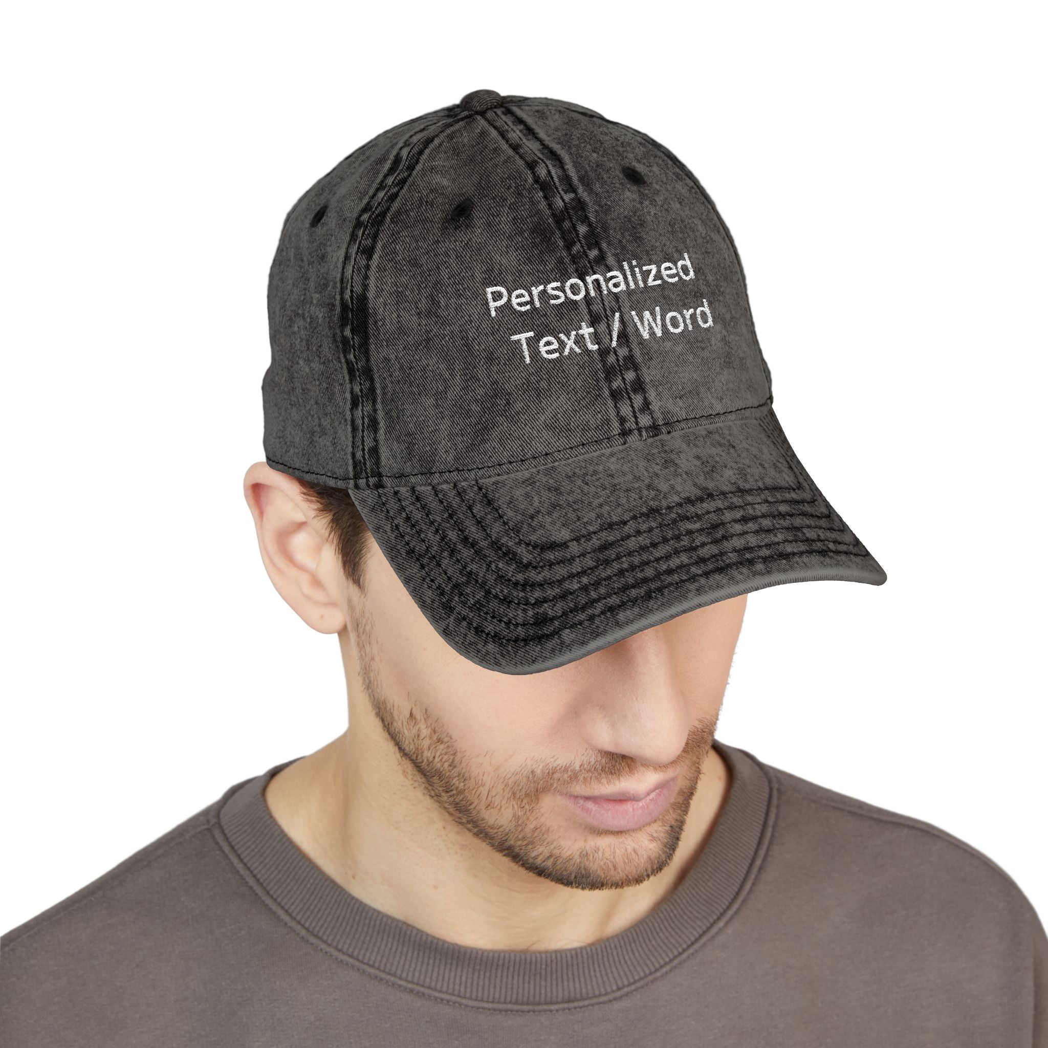 Dark gray washed baseball cap with "Personalized Text / Word" embroidered on front.