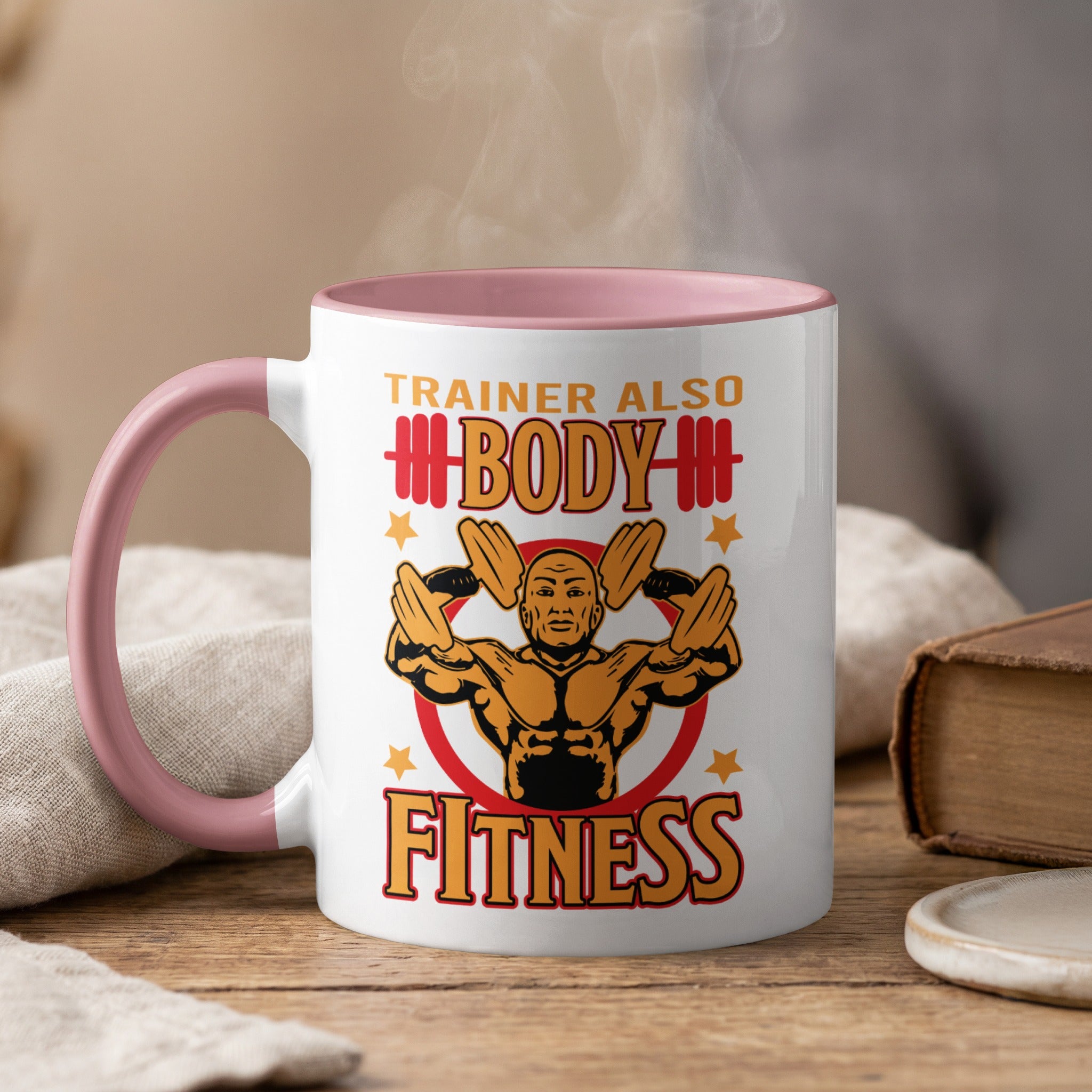 Mug with "Trainer Also Body Fitness" text and a muscular silhouette.