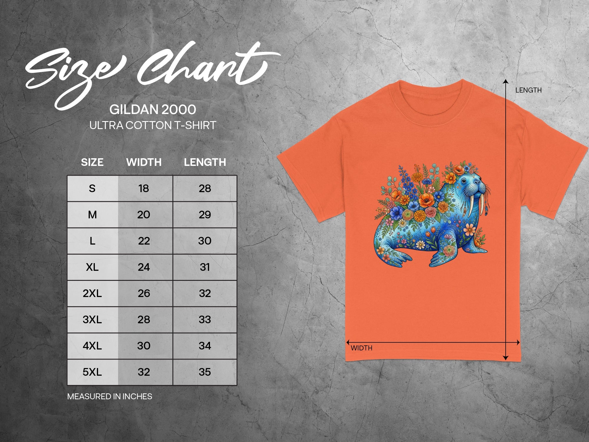 Gildan 2000 Ultra Cotton t-shirt size chart with measurements in inches for width and length.