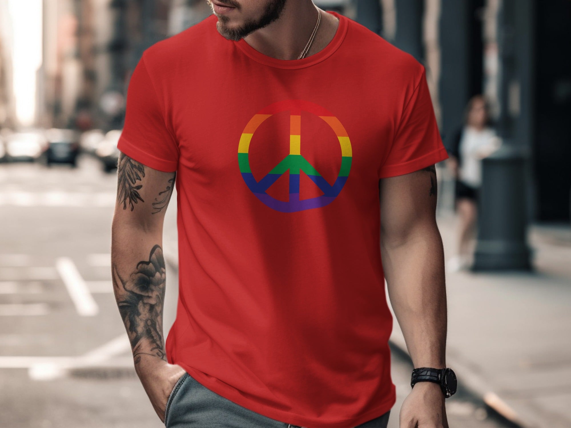 Red t-shirt with rainbow peace sign graphic.