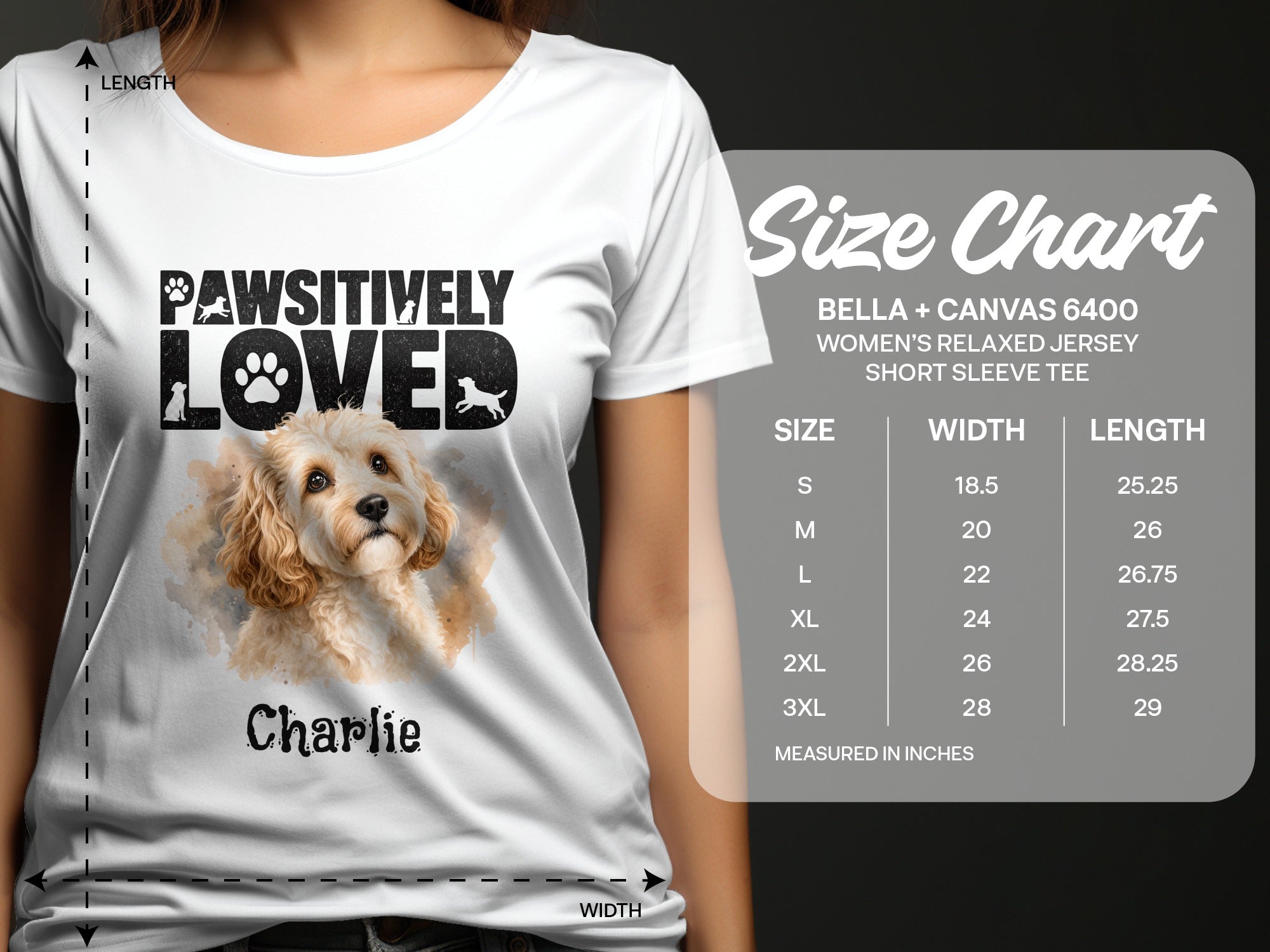 White t-shirt with "PAWSITIVELY LOVED" and puppy graphic, size chart shown.