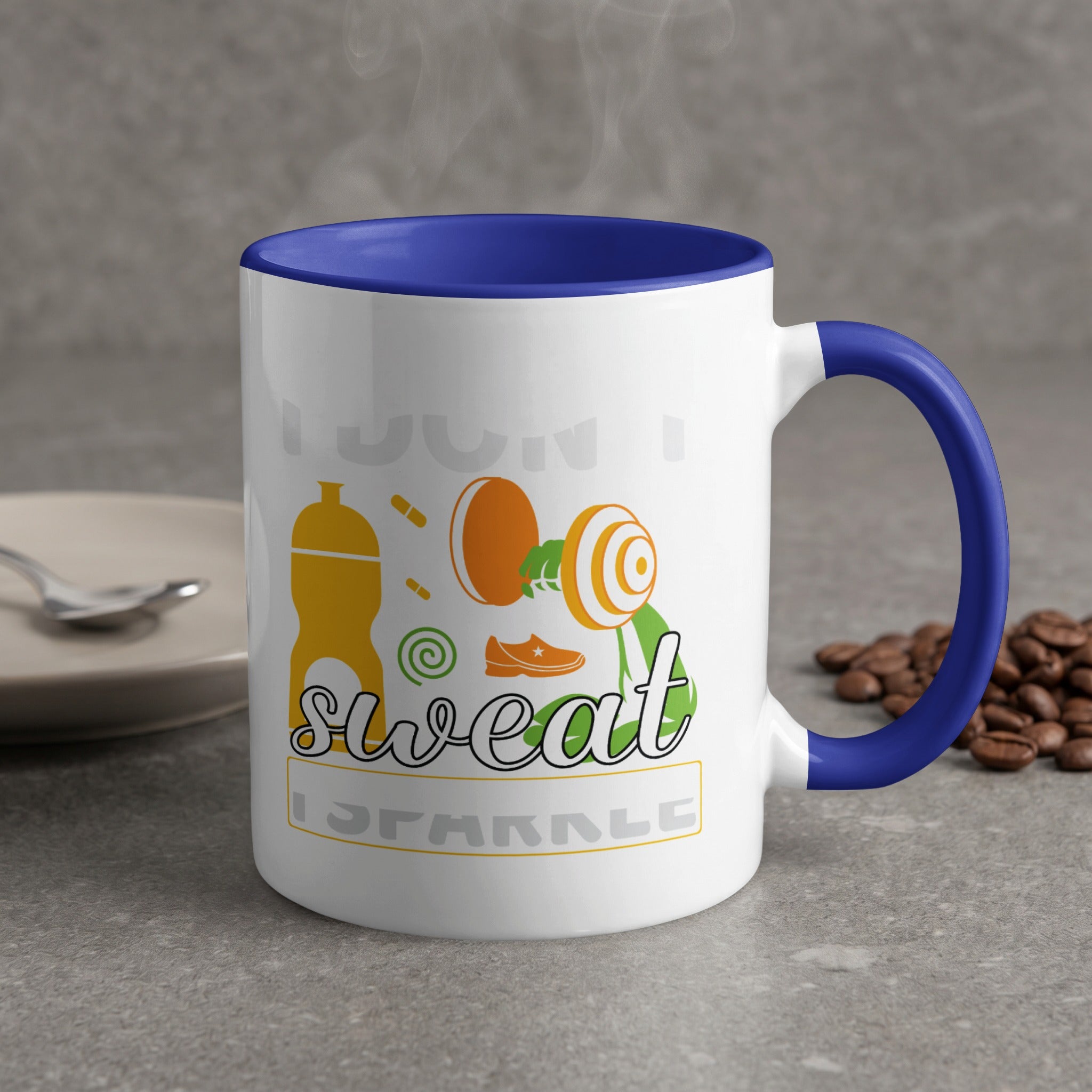 White mug with blue handle, saying "Don't sweat, sparkle" with gym graphics.