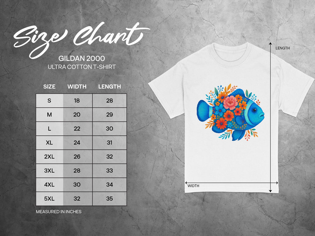 Gildan 2000 Ultra Cotton t-shirt size chart with floral fish graphic.
