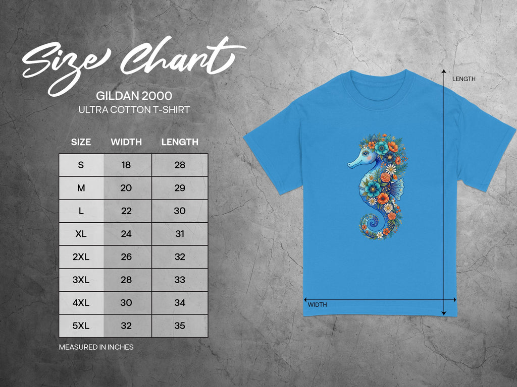 Gildan 2000 Ultra Cotton T-shirt size chart with width and length measurements in inches.