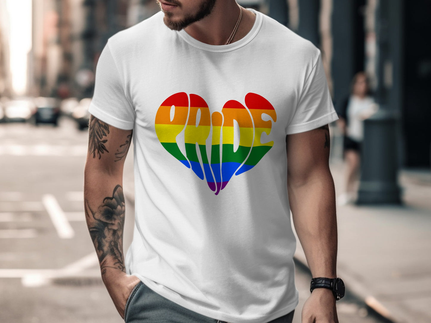 White t-shirt with rainbow pride heart graphic on chest.