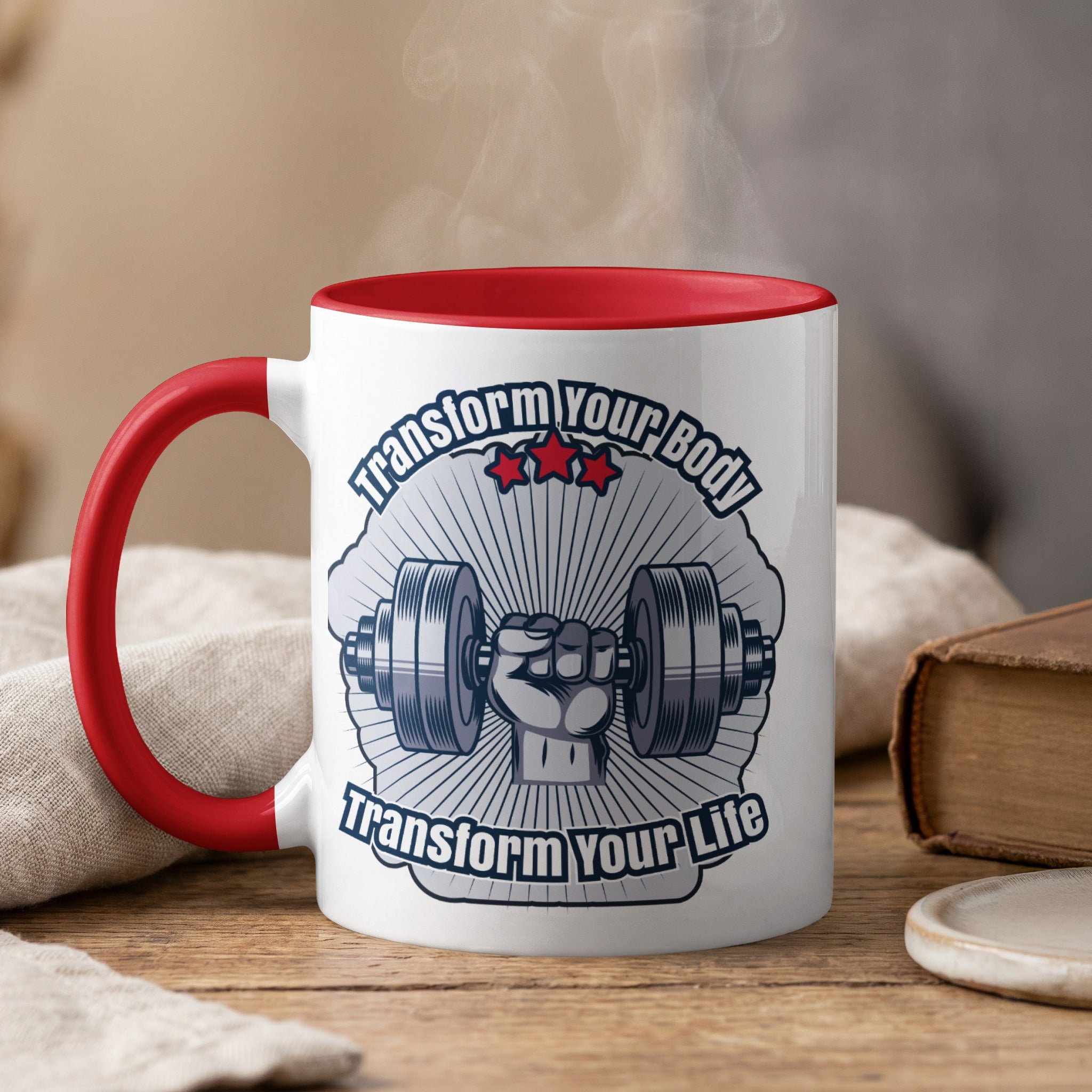 Mug with dumbbell and fist graphic and text "Transform Your Body Transform Your Life".