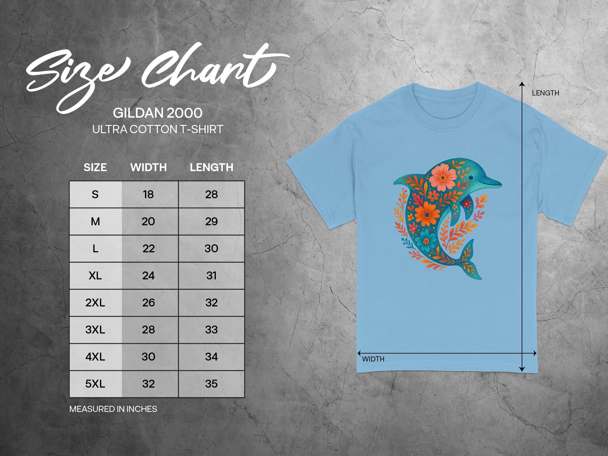 Size chart for Gildan 2000 Ultra Cotton T-shirt with floral dolphin graphic.