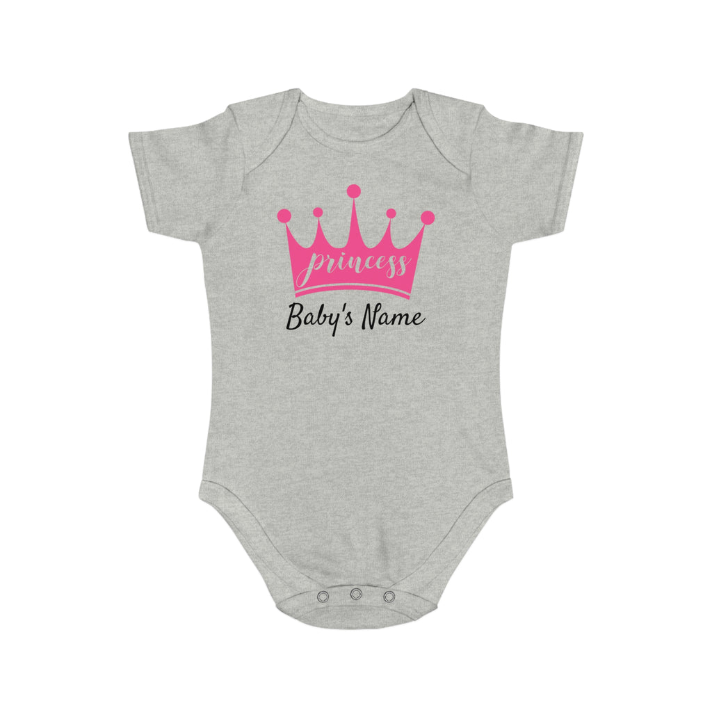Gray baby onesie with pink crown and "Princess Baby's Name" text.