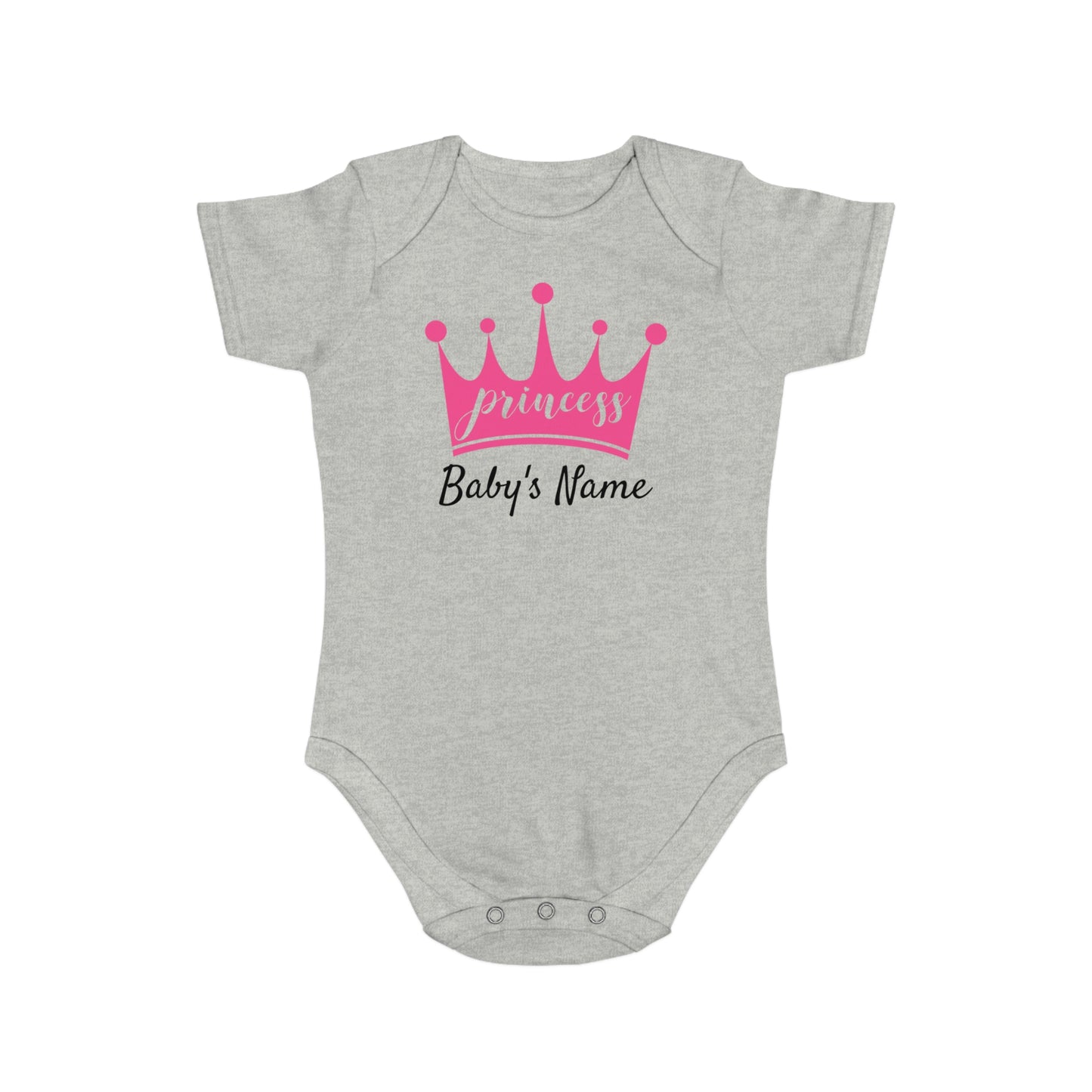 Gray baby onesie with pink crown and "Princess Baby's Name" text.