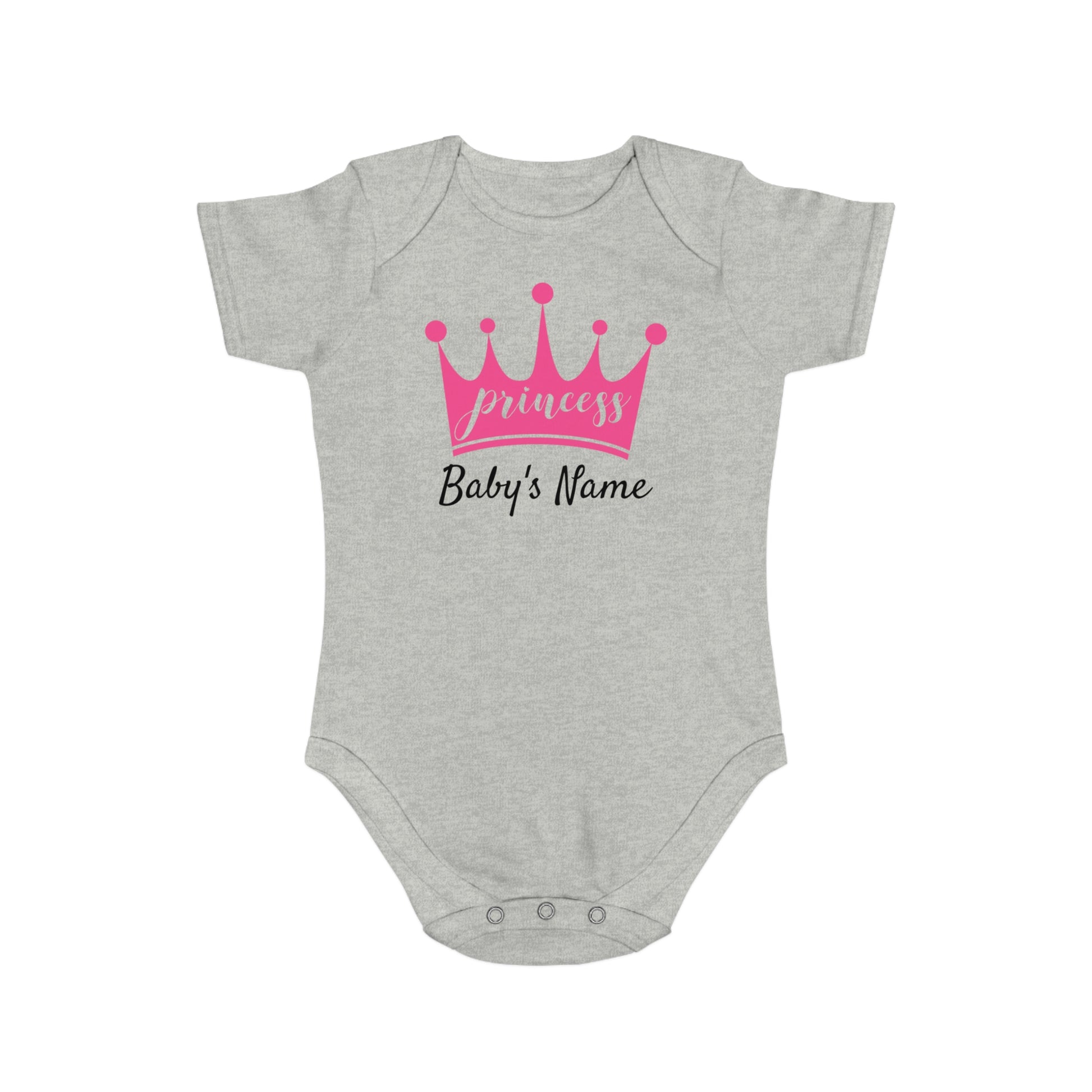 Gray baby onesie with pink crown and "Princess Baby's Name" text.