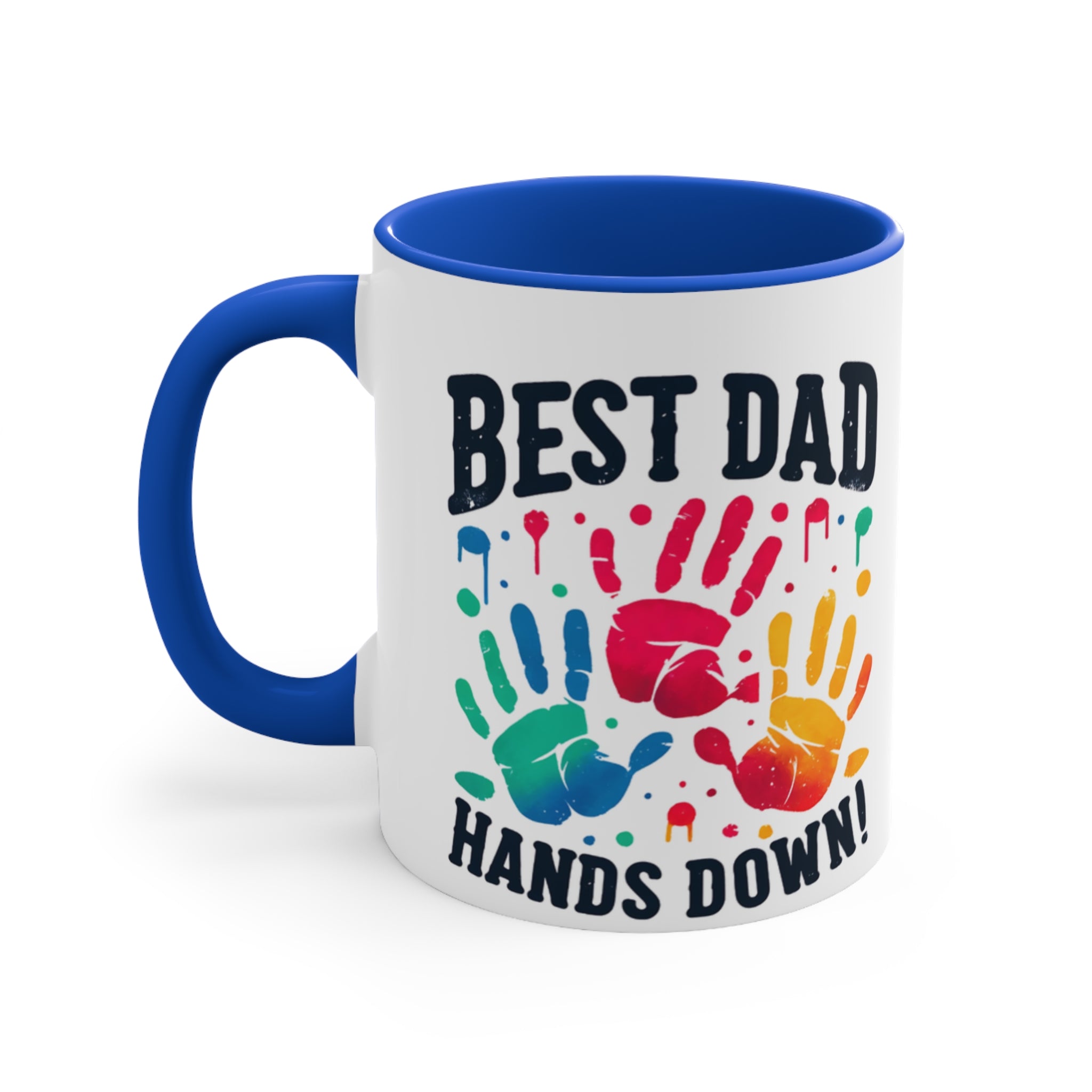 Mug with "BEST DAD HANDS DOWN!" text and colorful handprints.