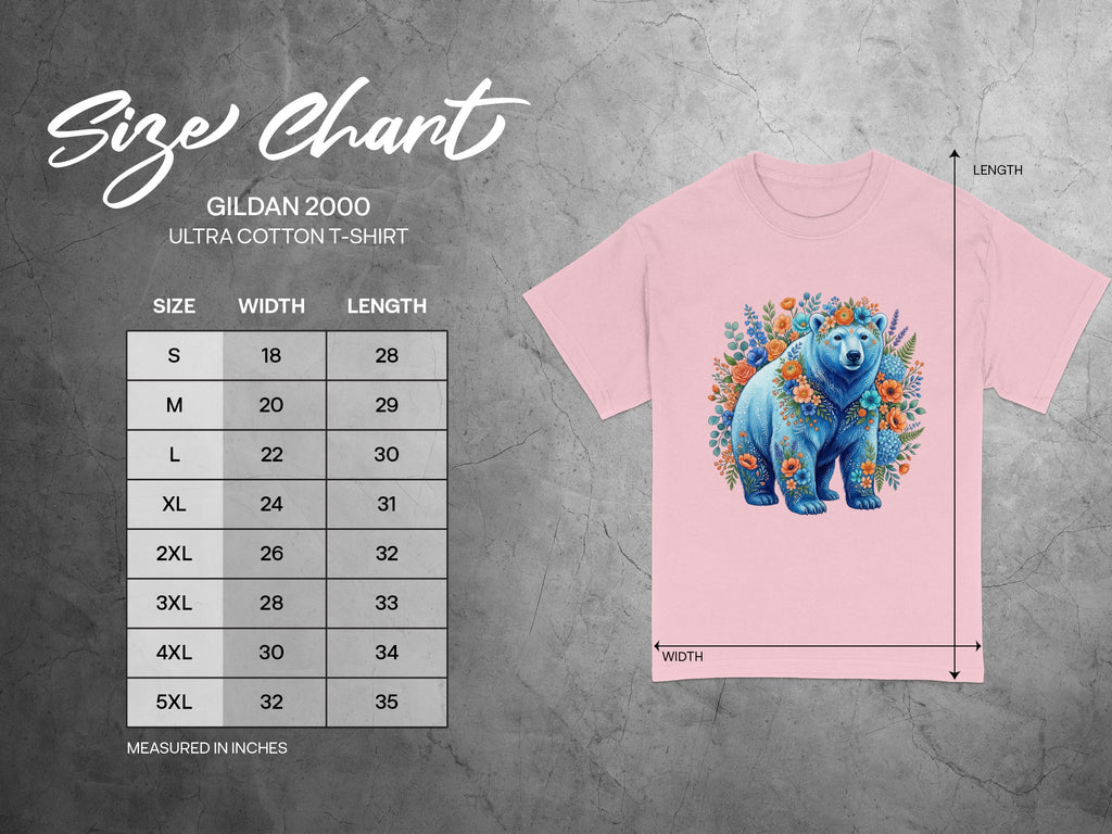 Gildan 2000 Ultra Cotton T-shirt size chart with measurements in inches.