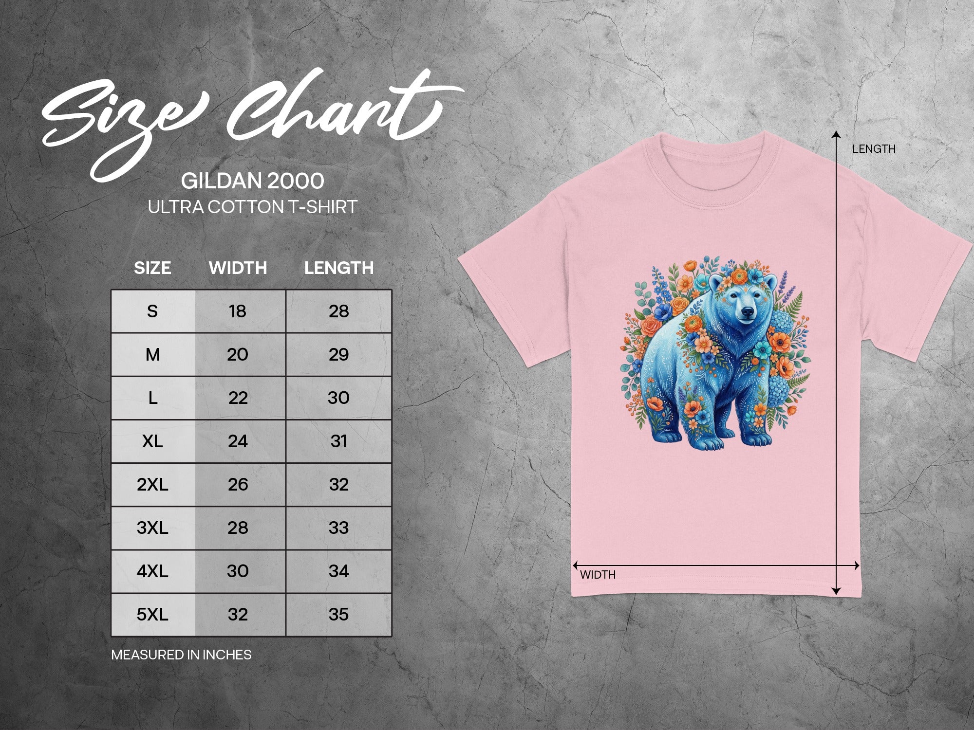 Gildan 2000 Ultra Cotton T-shirt size chart with measurements in inches.