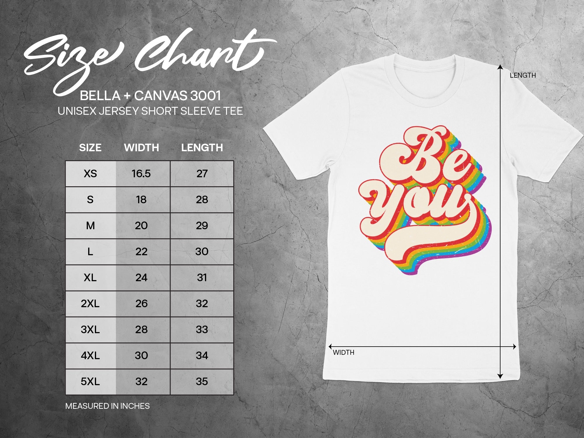 Size chart for Bella+Canvas 3001 unisex jersey short sleeve tee.