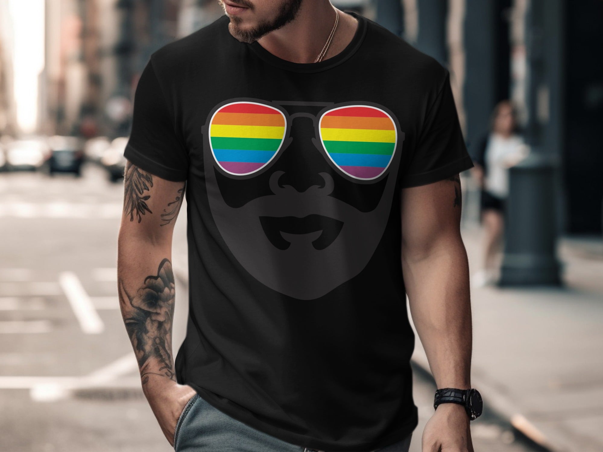Black t-shirt with a graphic of a face wearing rainbow-striped sunglasses.