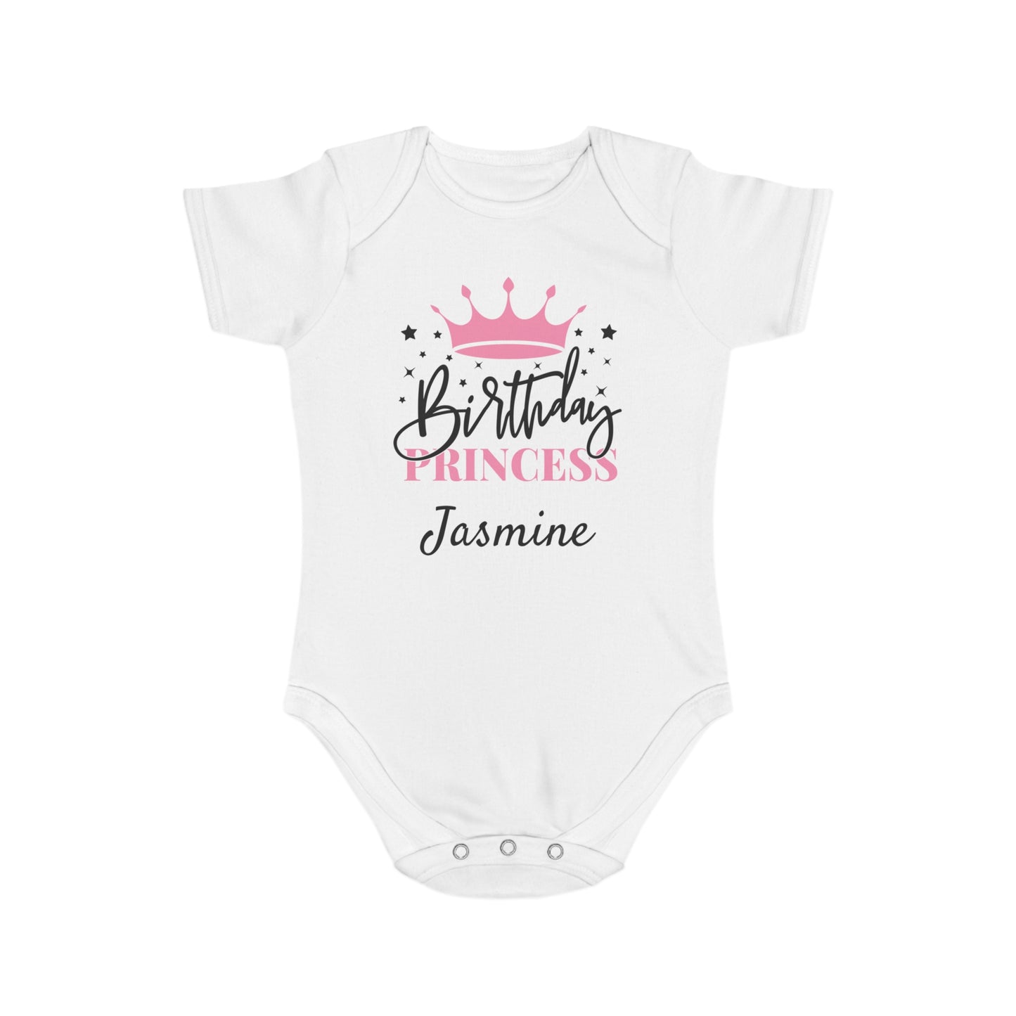 White baby onesie with "Birthday Princess Jasmine" text and a pink crown.