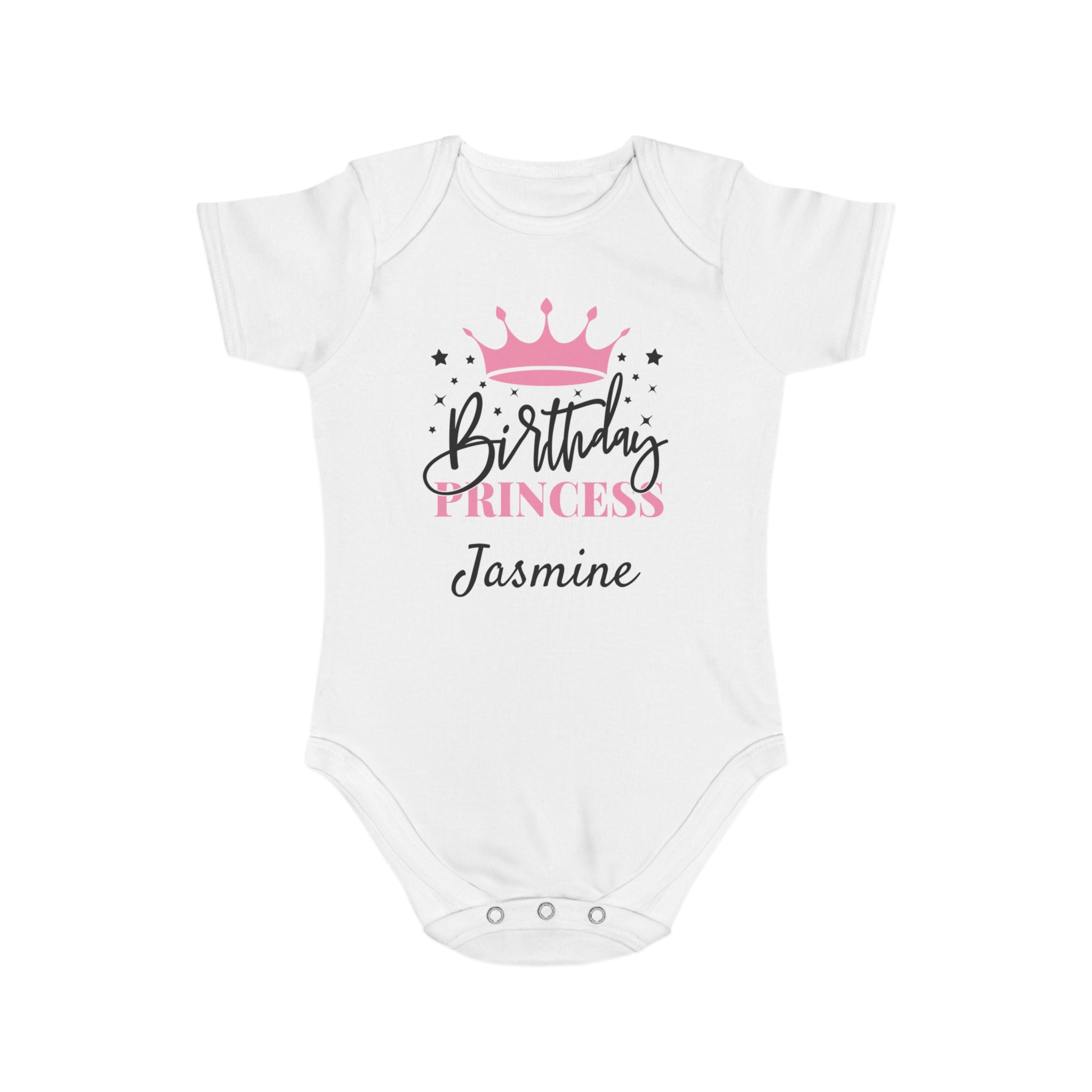 White baby onesie with "Birthday Princess Jasmine" text and a pink crown.