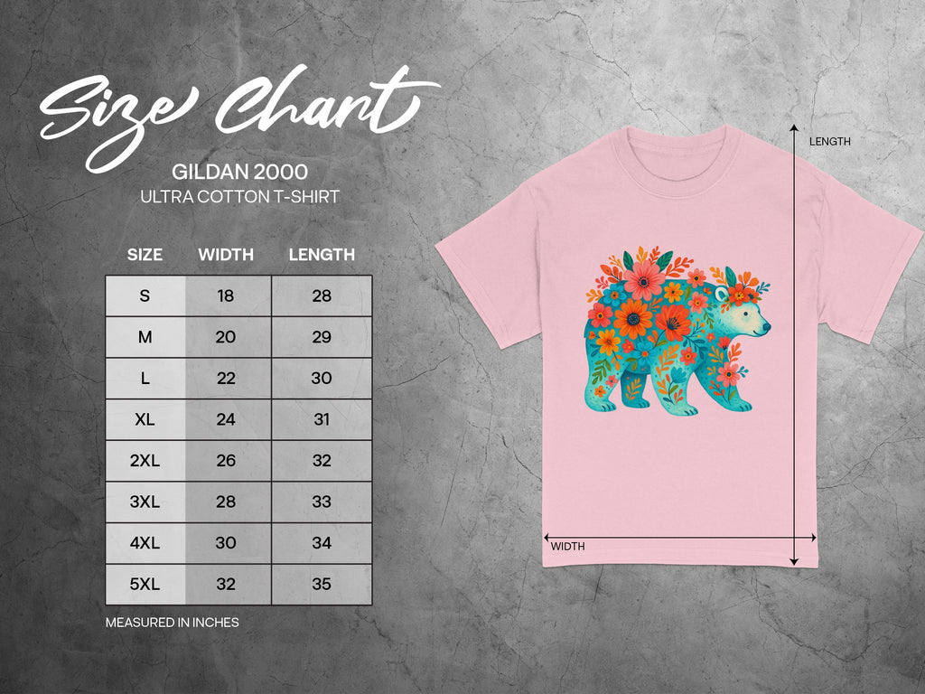 Gildan 2000 Ultra Cotton t-shirt size chart with measurements for width and length.