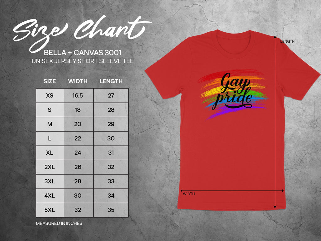 Bella + Canvas 3001 size chart for unisex short sleeve tee with pride graphic.