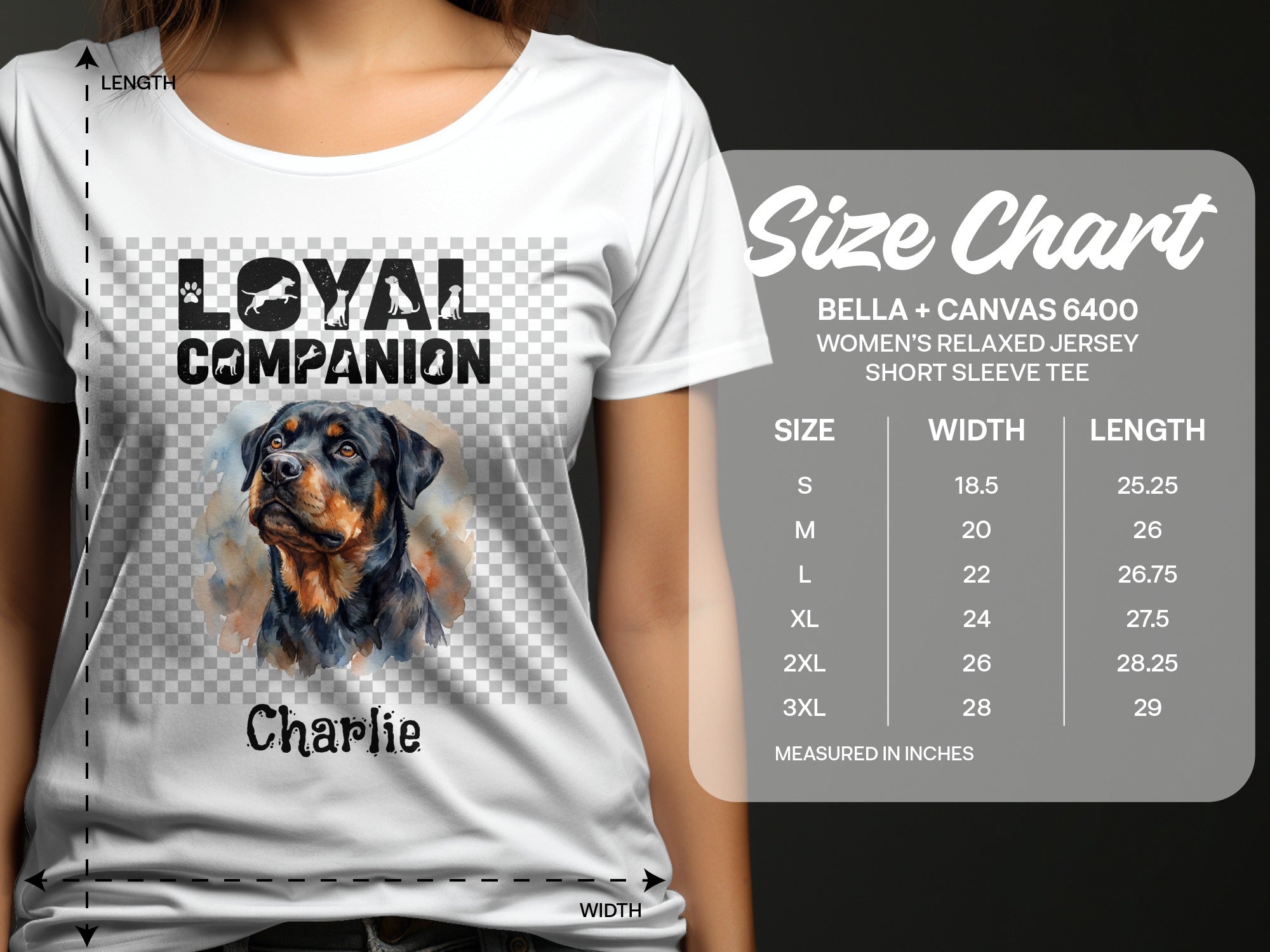 White t-shirt with "Loyal Companion" graphic and Rottweiler portrait. Size chart is displayed.