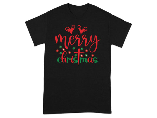 Merry Christmas Graphic T-shirt with Hearts and Stars