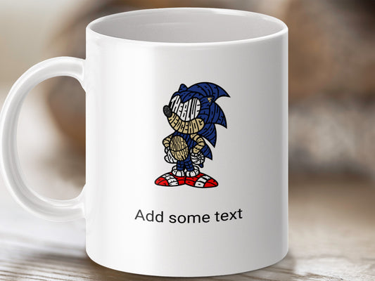 White mug with Sonic the Hedgehog made of text and "Add some text".