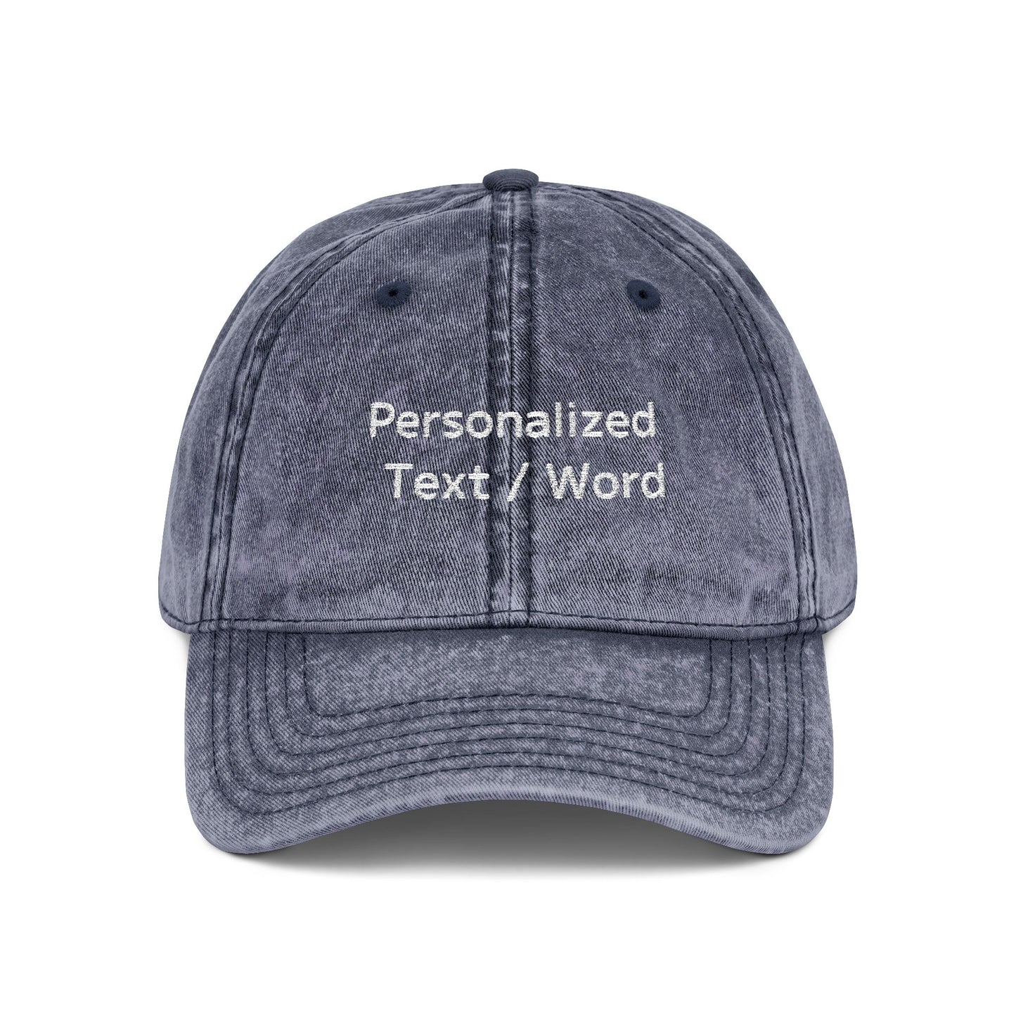 Dark grey washed-out baseball cap with "Personalized Text / Word" embroidered in white.