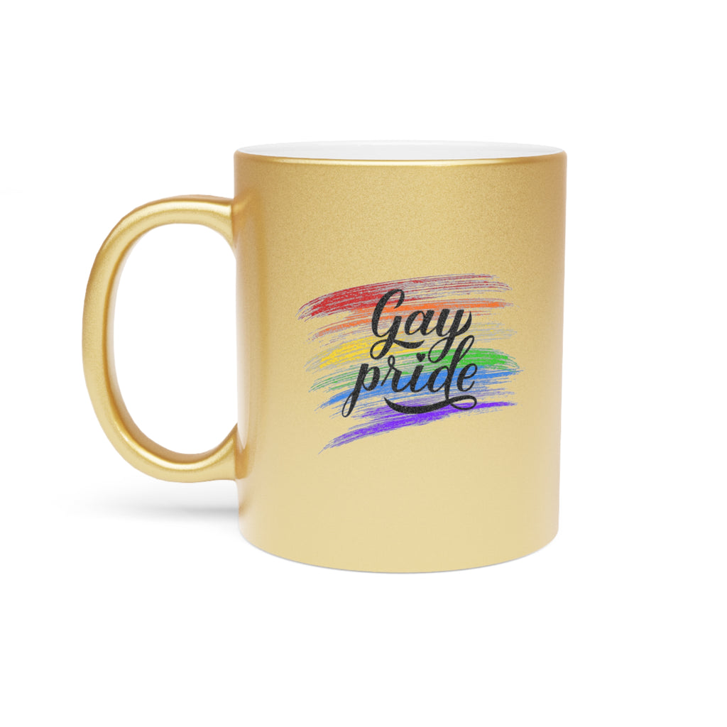 Gold mug with rainbow brush strokes and the text "Gay pride".