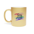 Gold mug with rainbow brush strokes and the text "Gay pride".