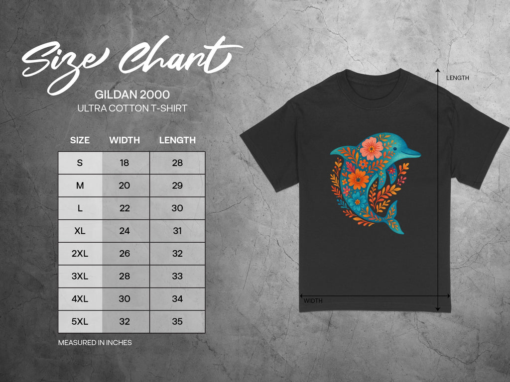 Gildan 2000 Ultra Cotton t-shirt size chart with floral dolphin graphic.
