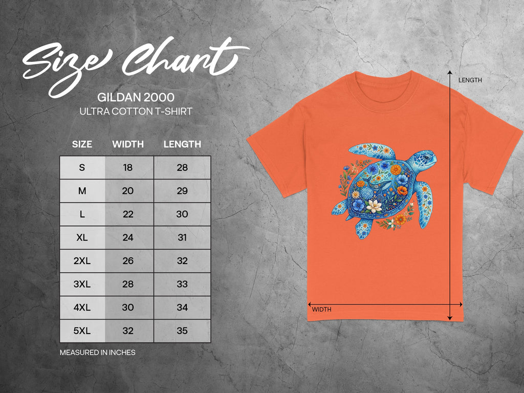Gildan 2000 Ultra Cotton T-Shirt size chart with graphic of a blue turtle.