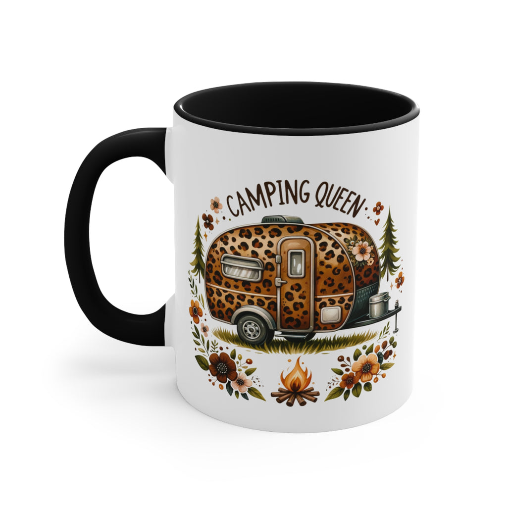 White mug with black handle featuring "CAMPING QUEEN" and a leopard print camper.