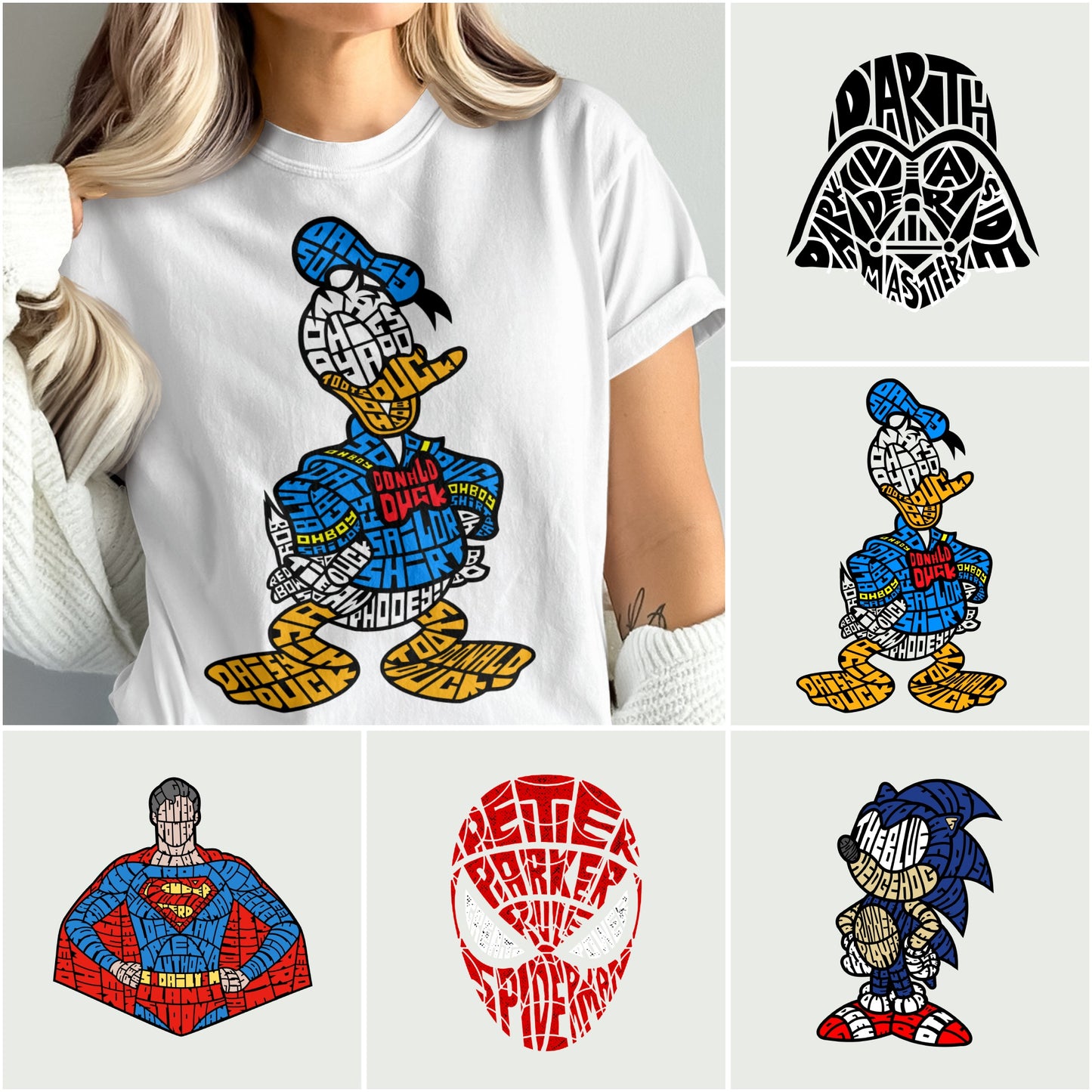 Collage of character designs made from text: Donald Duck, Darth Vader, Superman, Spider-Man, Sonic.
