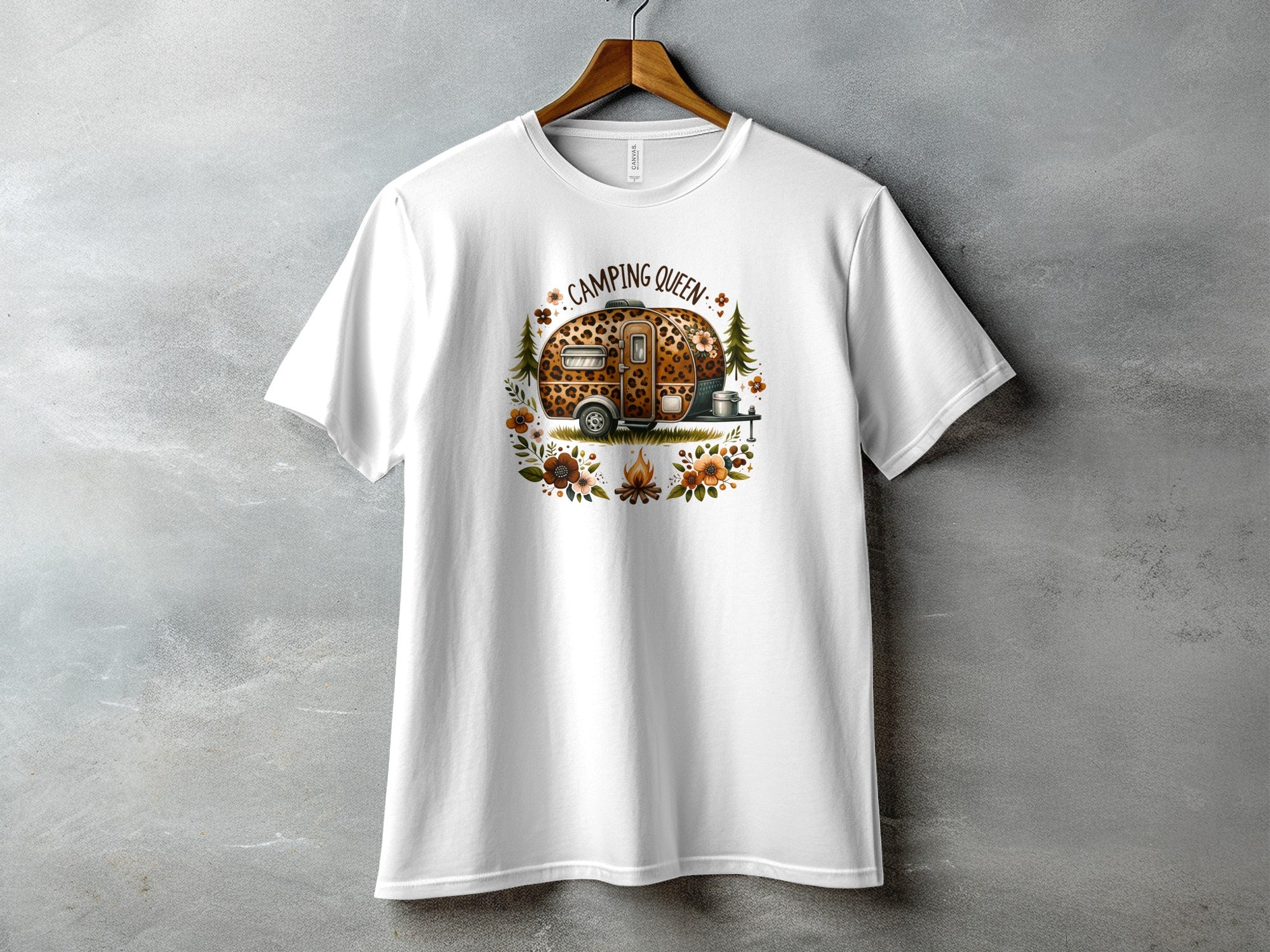 White t-shirt with "Camping Queen" text and leopard print camper graphic.