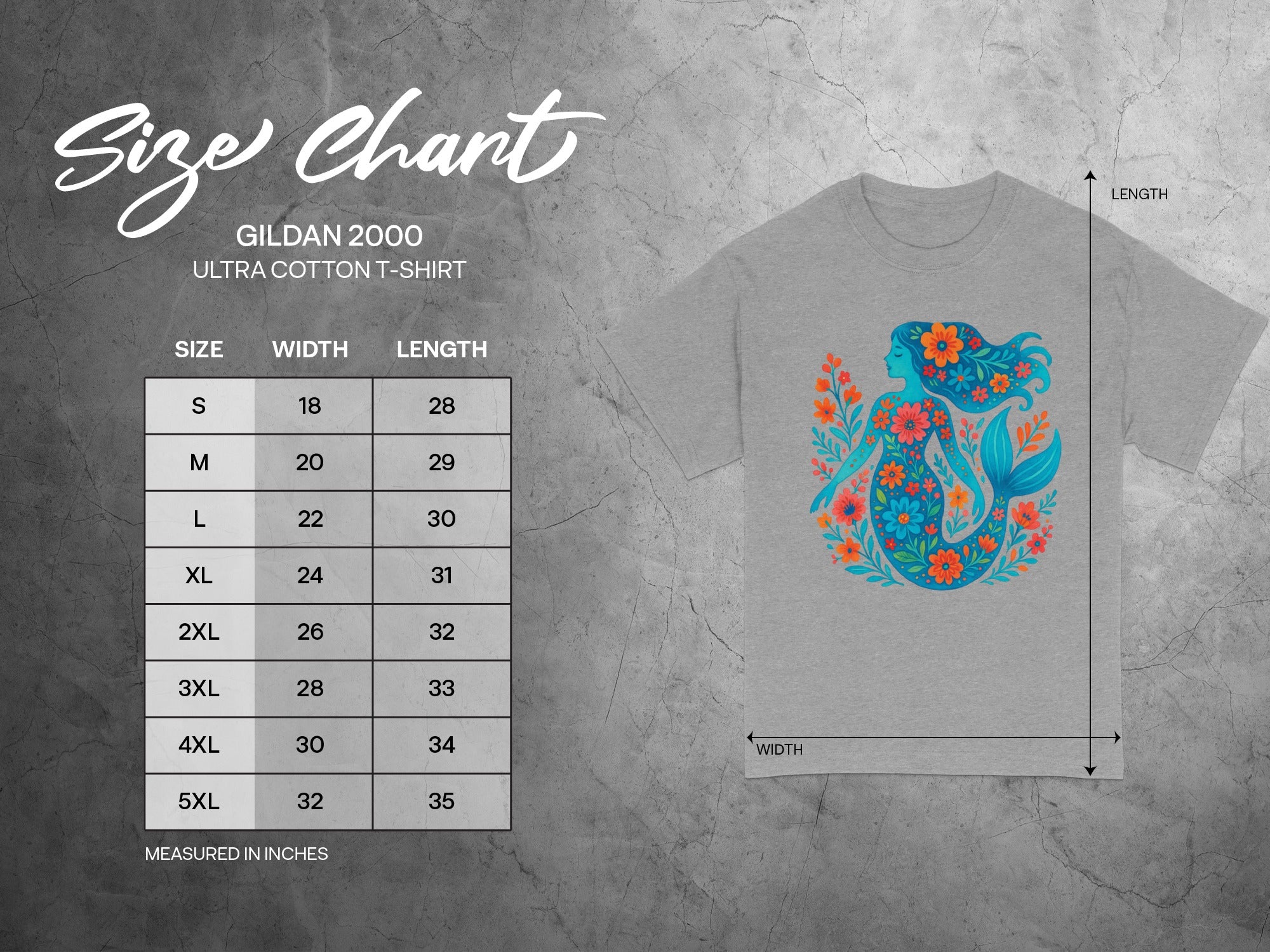 Size chart for Gildan 2000 Ultra Cotton t-shirt with mermaid graphic.