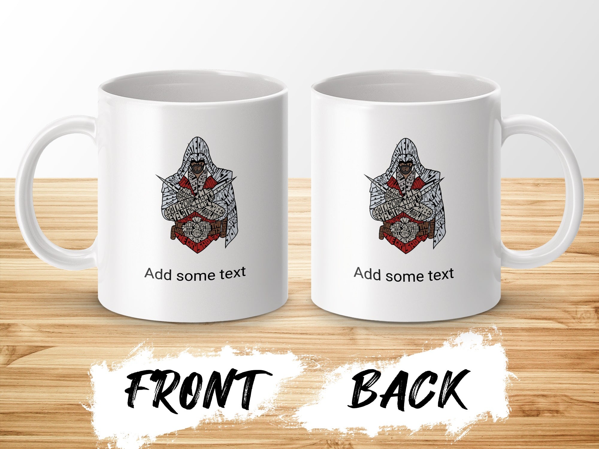 White mug with Assassin's Creed character on front and back.