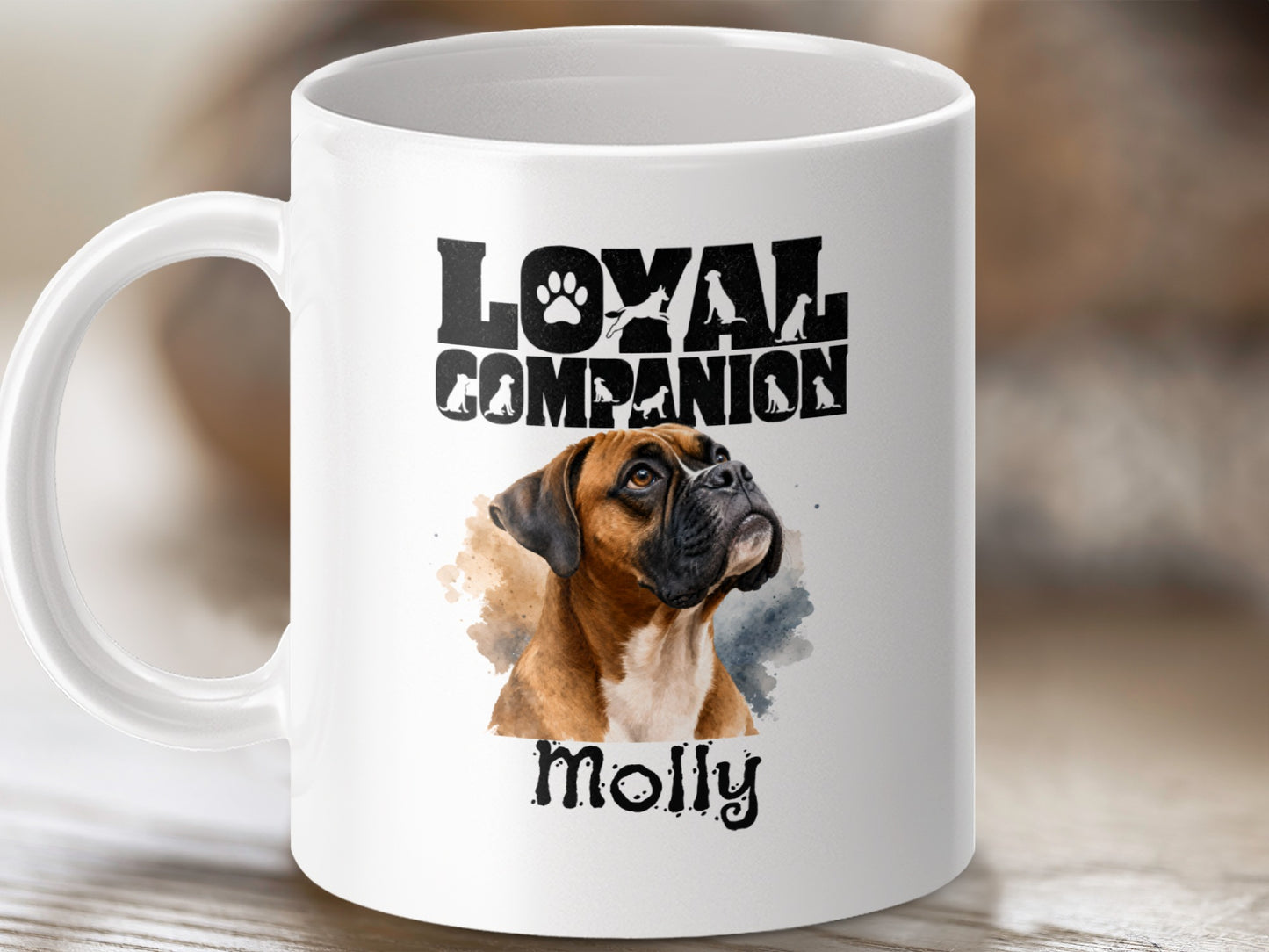 White mug with a boxer dog portrait and the text "Loyal Companion Molly."