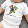 Baby onesie with Mario riding Yoshi, featuring "Babies Name" text.