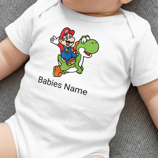 Baby onesie with Mario riding Yoshi, featuring "Babies Name" text.