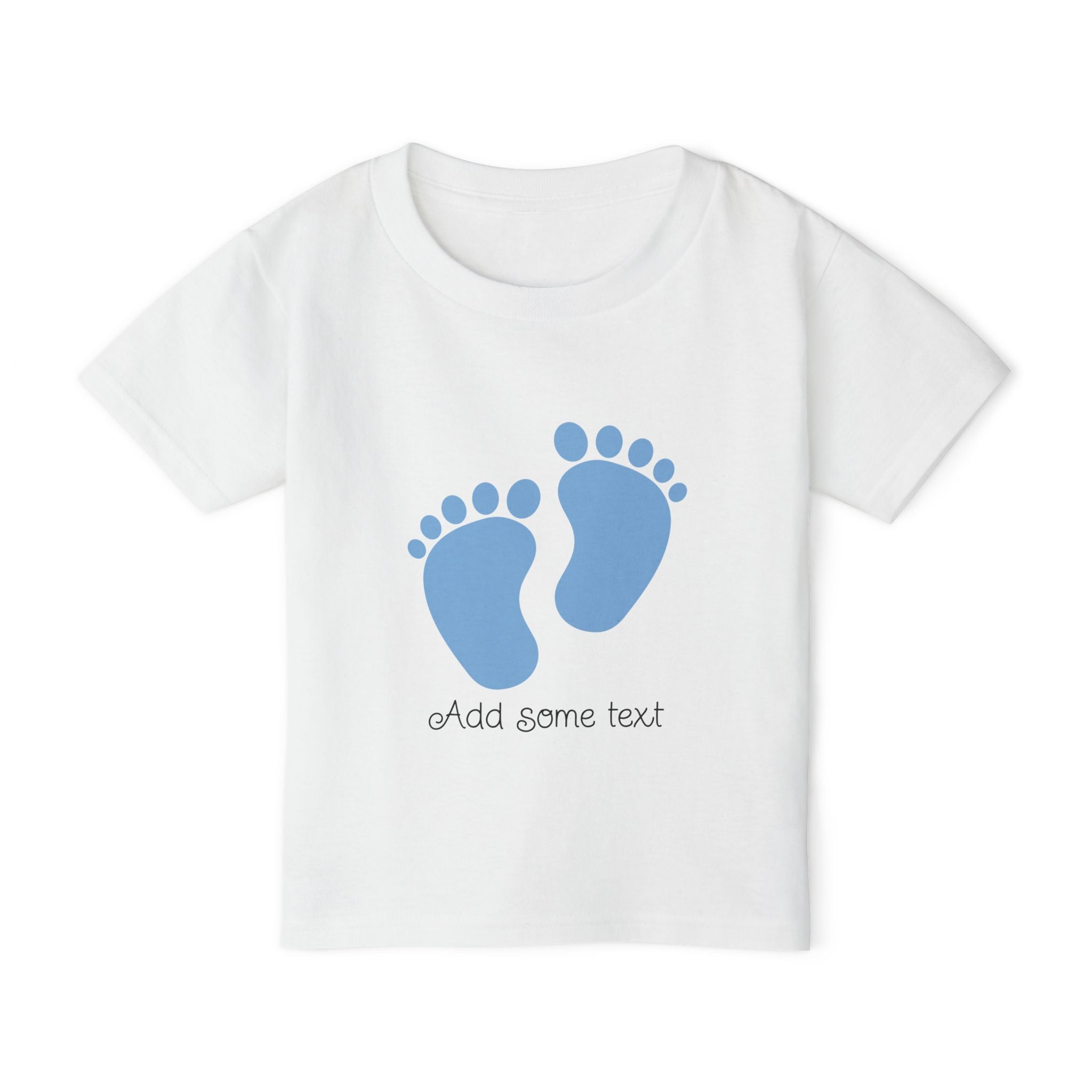 White baby t-shirt with blue baby footprints and "Add some text".