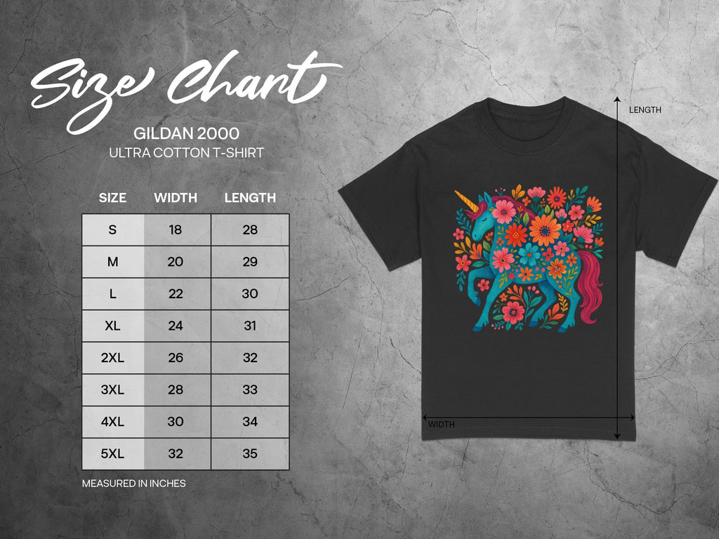 Gildan 2000 Ultra Cotton t-shirt size chart with measurements in inches.