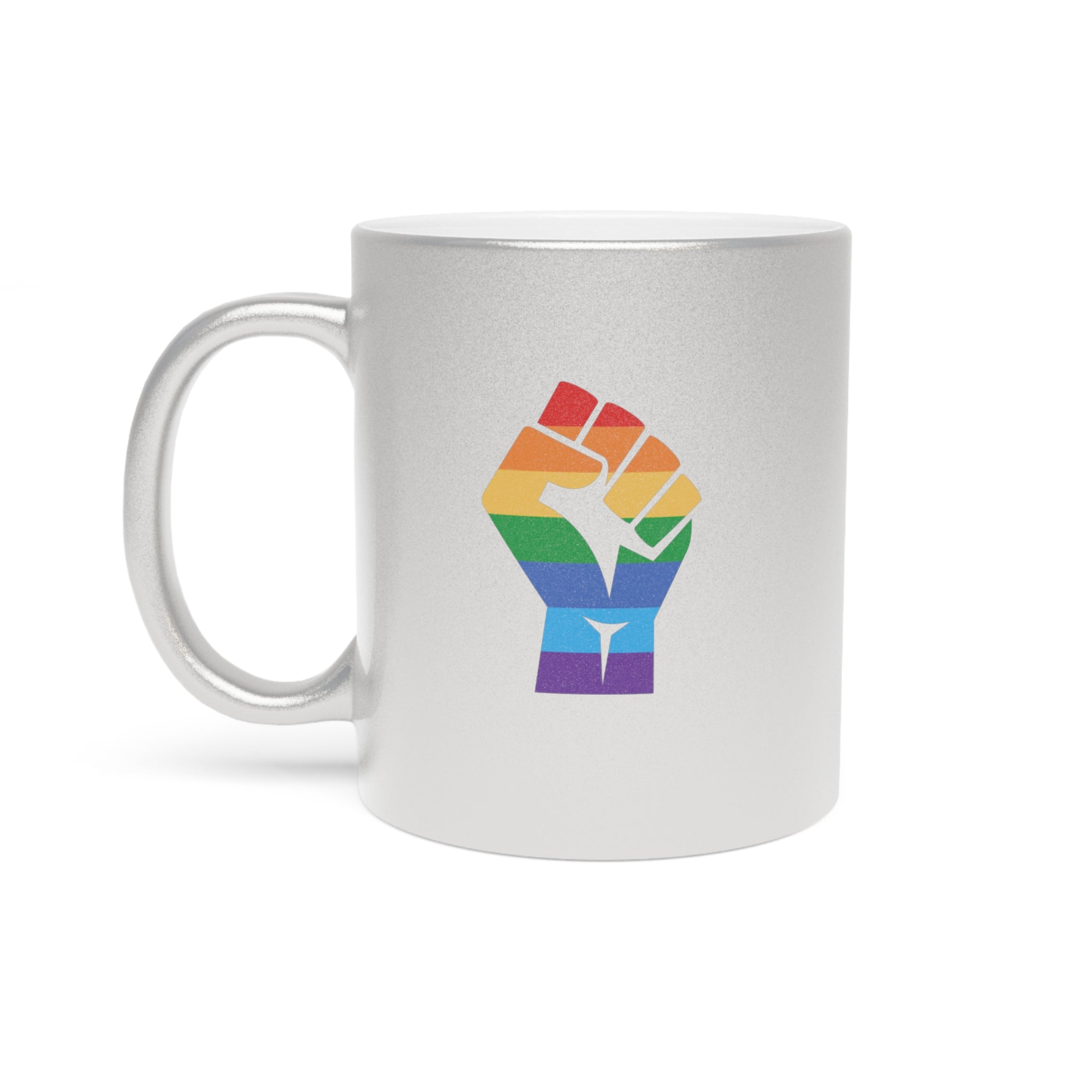 Silver mug with a rainbow fist symbol for pride.