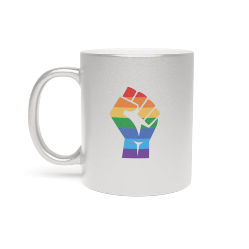Silver mug with a rainbow fist symbol for pride.